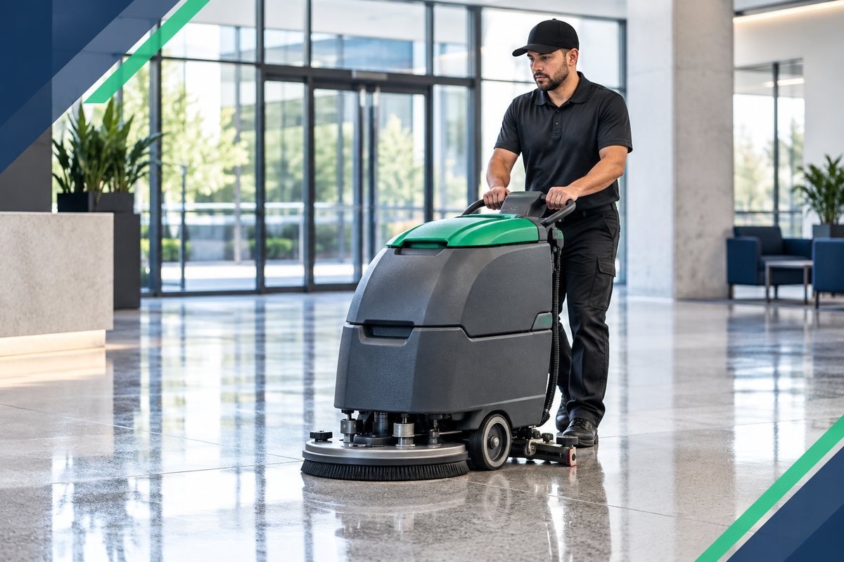 Commercial floor-care technician operating an automatic floor scrubber